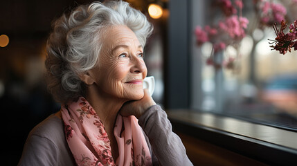 Portrait of a beautiful senior woman sitting next to the window and looking trough it.