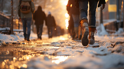Legs walking on the street on snowy winter day downtown. - obrazy, fototapety, plakaty