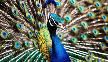 Fototapeta premium A mesmerizing close-up of a peacock displaying its iridescent plumage in full bloom, radiating the beauty of nature.