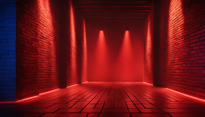 Brick walls without plaster provide a background and texture, as does neon lighting. red and blue neon background lighting.