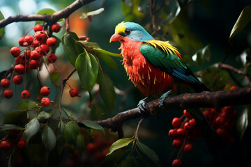 red and green macaw on the branch of tree in the morning