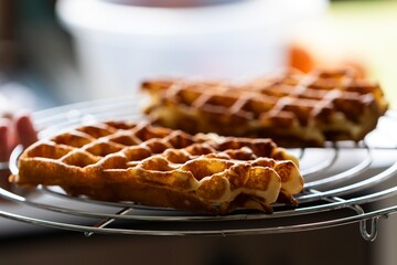 A portrait of some tasty and delicious Belgian waffles lying on a round cooling rack, ready to be eaten with somekind of topping like powder sugar or whipped cream.