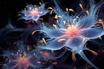 Fantasy cosmic flower on dark background, illustration of magic pieces of land with unreal beautiful abstract plant flora.