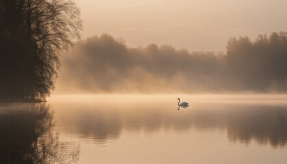Obraz na płótnie Canvas A serene, mist-covered lake at dawn, with a solitary swan gliding gracefully on the calm waters, evoking the tranquility of nature.