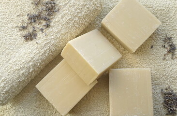  Natural bath soap with vegetable oils. Soap, towel. Lavender soap.