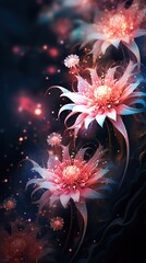 vertical Fantasy cosmic flower on dark background, illustration of magic pieces of land with unreal beautiful abstract plant flora.