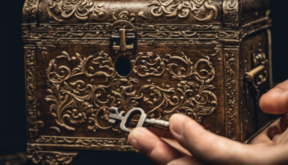  An antique key in the palm of a hand, about to unlock an ornate, ancient treasure chest, revealing the allure of discovery and hidden secrets.