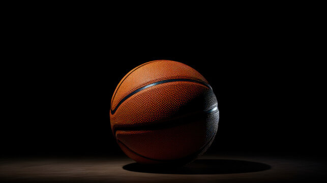 An artistic and minimalistic image featuring a dark basketball set against a solid black background, creating a sense of stark contrast and simplicity.
