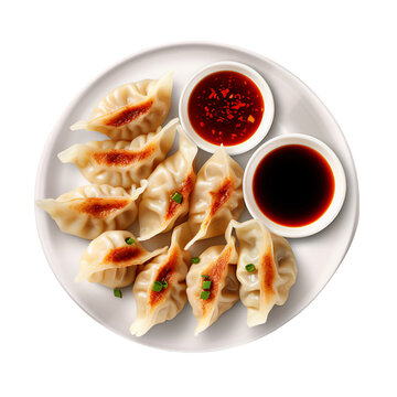 A Plate of Tasty Dim Sum Dumplings with Dipping Sauce Isolated on a Transparent Background