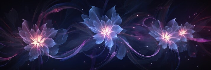 Neon banner Fantasy cosmic flowers on dark background, illustration of magic pieces of land with unreal beautiful abstract plant flora. - obrazy, fototapety, plakaty