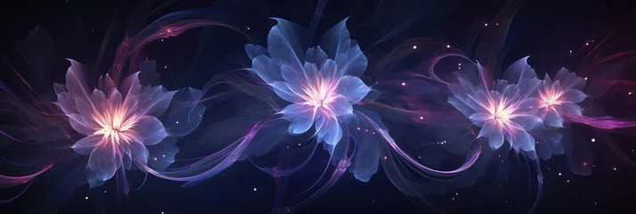 Foto auf Leinwand Neon banner Fantasy cosmic flowers on dark background, illustration of magic pieces of land with unreal beautiful abstract plant flora. © Jim1786