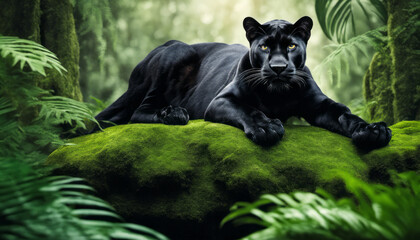 Naklejka na ściany i meble An elegant black panther resting gracefully on a moss-covered stone, surrounded by emerald ferns in a lush rainforest, representing power and natural beauty.
