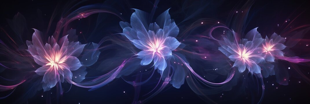 Neon banner Fantasy cosmic flowers on dark background, illustration of magic pieces of land with unreal beautiful abstract plant flora.