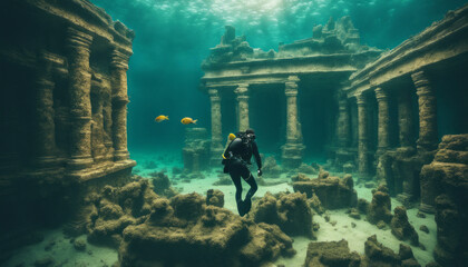  A surreal underwater world where a scuba diver explores an ancient, submerged city with sunken ruins, showcasing the mystery and allure of forgotten civilizations.