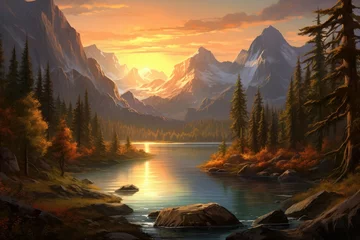Fotobehang A breathtaking ultra-realistic landscape showcases towering mountains, a pristine lake, and lush pine forests under the golden hues of a setting sun, casting long shadows. © Kanisorn