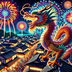 Fototapeta premium a vibrant dragon dancing amidst fireworks in a festive night sky