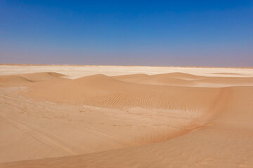 Fototapeta na wymiar Rub Al Khali desert, small, undulating golden dunes in the background limestone expanse and blue sky. Oman.