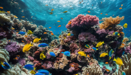 Obraz na płótnie Canvas A vibrant underwater coral reef teeming with colorful fish, swaying anemones, and crystal-clear waters, offering a glimpse into the mesmerizing world beneath the sea.