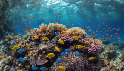Naklejka na ściany i meble A vibrant underwater coral reef teeming with colorful fish, swaying anemones, and crystal-clear waters, offering a glimpse into the mesmerizing world beneath the sea.