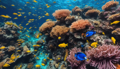  A vibrant underwater coral reef teeming with colorful fish, swaying anemones, and crystal-clear waters, offering a glimpse into the mesmerizing world beneath the sea.
