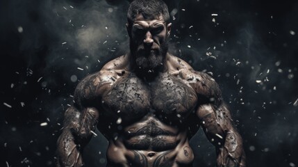 Fototapeta na wymiar Male bodybuilder on anabolic steroids covered in black dust