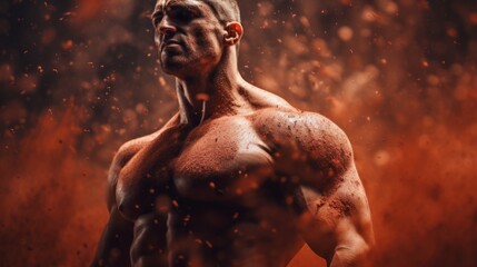 Male bodybuilder on anabolic steroids covered in red dust

 - obrazy, fototapety, plakaty