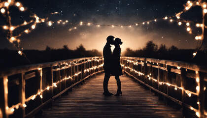  A romantic couple on a rustic wooden bridge from the back, illuminated by the soft glow of fairy lights, sharing a passionate kiss under a starry night, portraying love under the moonlight. - Powered by Adobe
