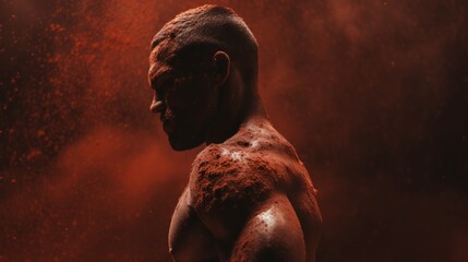 Male bodybuilder on anabolic steroids covered in red dust - obrazy, fototapety, plakaty