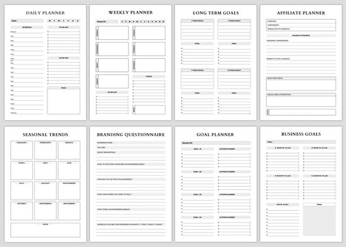 Minimalist planner pages templates. Daily Planner,Weekly Planner,Monthly Planner,Long Term Goals,Affiliate Planner,SEASONALTRENDS,Branding Questionnaire,Goal Planner,