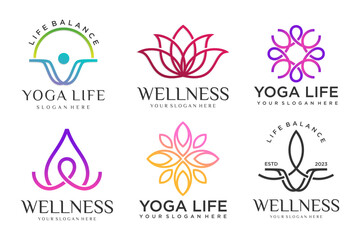Fototapeta na wymiar Collection of Yoga,Zen and Meditation logos,linear icons and elements.style minimalist.Vector design
