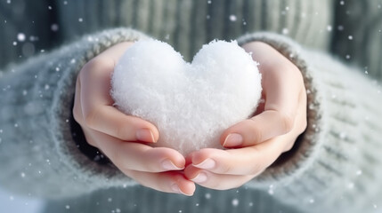 Delicate hands hold a heart-shaped snow creation, portraying winter's tenderness and romantic vibes, perfect for Valentine's Day.