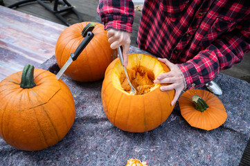 Hollowing out and removing seeds from pumpkins as a decoration for the Halloween season