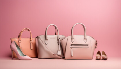  fashion bags and heels on a pastel background with copy space, leaving blank space for a quote