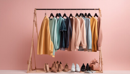  Fashion clothes display on the left side on a pastel background with copy space, leaving one third of the background empty for a quote