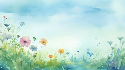 Fototapeta na wymiar Floral border frame drawn watercolor with copy space on nature background.AI generated image