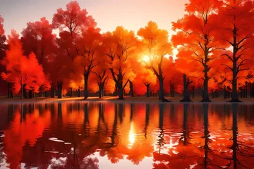 Schilderijen op glas Fiery Autumn Sunset Reflection on Lake © Areesha