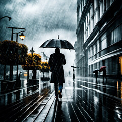 Man walking with an umbrella in the rain on city streets - obrazy, fototapety, plakaty