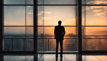 Fototapeta na wymiar A powerful executive silhouette standing in front of a giant window in a sunset, modern building, leaving room for professional success message