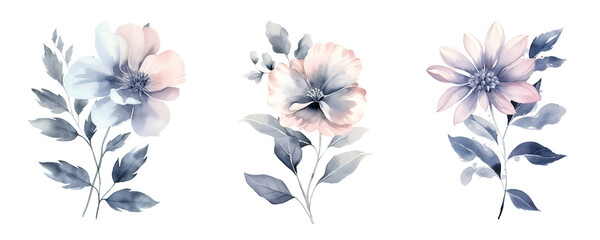 Fototapeta premium watercolor flowers, a set of illustrations in handmade watercolor style on a white background, generative ai