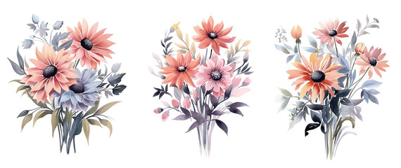 watercolor flowers, a set of illustrations in handmade watercolor style on a white background, generative ai