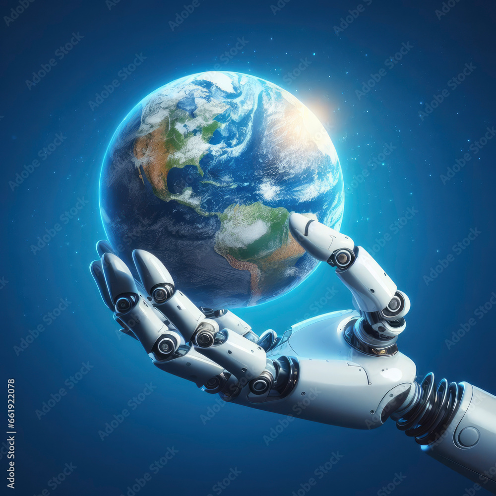 Aufkleber planet in the hands of a robot. ai generative