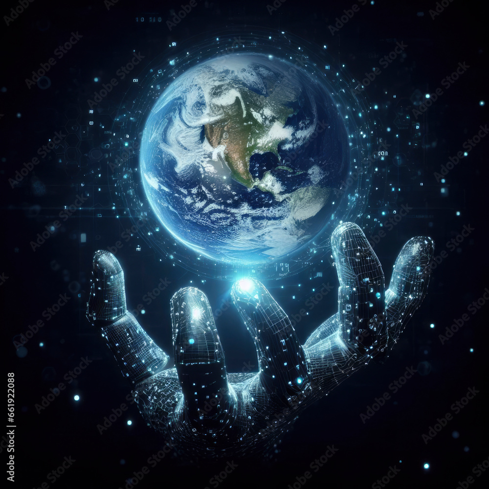 Aufkleber planet in the hands of a robot. ai generative