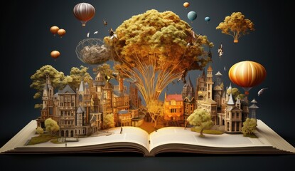 Fantasy world inside of a magic book. Concept of education, imagination and creativity from reading books.