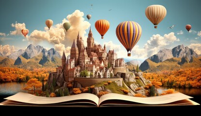 Fantasy world inside of a magic book. Concept of education, imagination and creativity from reading books.