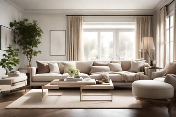 A serene living room with neutral tones, a plush sofa, and large windows letting in soft natural light.