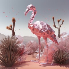 Low poly flamingo in the desert. 3d render illustration.