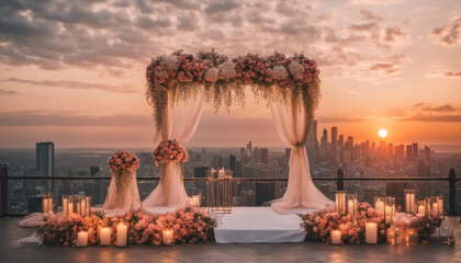  A wedding altar, with a beautiful sunset or city skyline in the background, creating a romantic and dreamy atmosphere - obrazy, fototapety, plakaty
