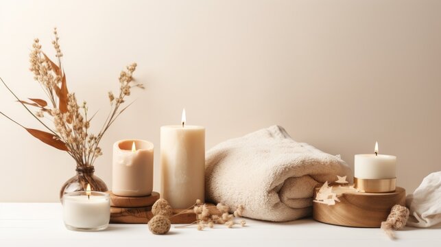 Beautiful spa treatment composition such as Towels, candles, essential oils, Massage Stones on light wooden background. blur living room, natural creams and moisturizing Healthy lifestyle, body care