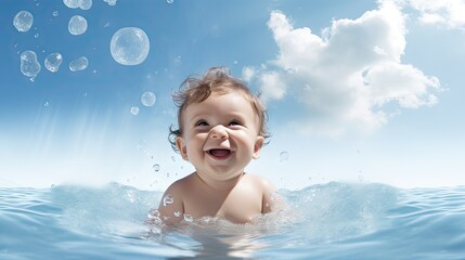 Fototapeta na wymiar Baby swimming in the pool underwater background.