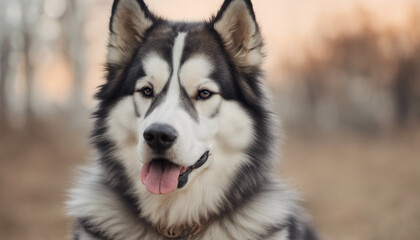 Alaskan Malamute on the left side on a pastel background with copy space, leaving one third of the background empty for a quote